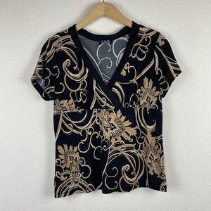 Y2k CKW Babydoll Top Size L Whimsigoth Dark Floral Stretchy Short Sleeve